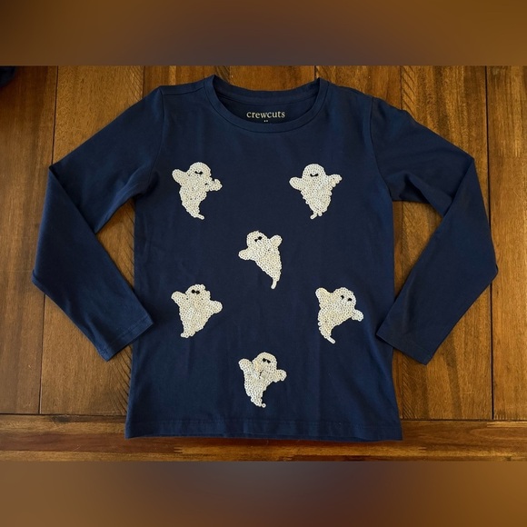 Crewcuts Other - J.Crew Crewcuts Girls Halloween Sequin Ghost Shirt Blue Long Sleeve 4-5 6-7 NWT